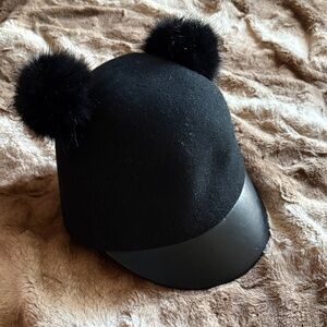 H&M Pom Pom ear black hat with faux leather lip